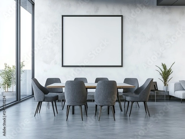 Fototapeta Modern dining room with blank framed art, view of balcony