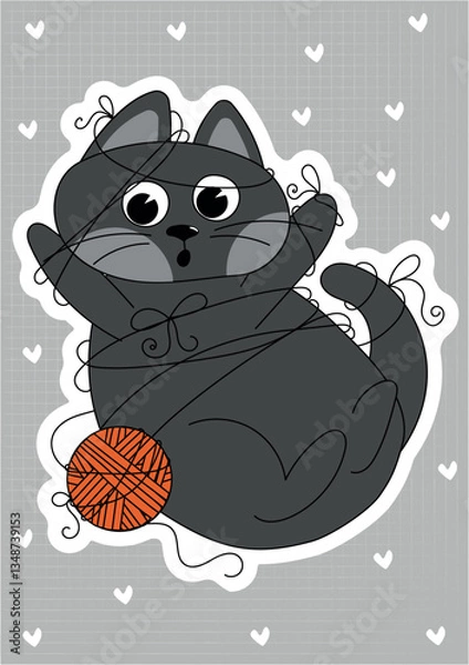 Obraz Illustration of a cute cat on a grau background with hearts, can be used as a print for clothes, dishes, notebooks and other accessories