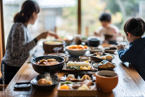 Obraz 家族の温かい食卓と和食の美しい盛り付け