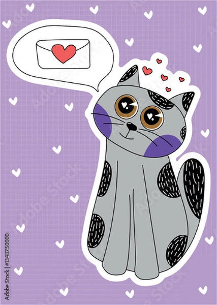 Obraz Illustration of a cute cat on a violet background with hearts, can be used as a print for clothes, dishes, notebooks and other accessories