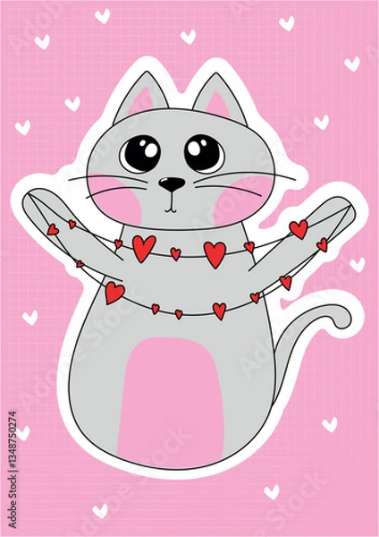 Obraz Illustration of a cute cat on a pink background with hearts, can be used as a print for clothes, dishes, notebooks and other accessories