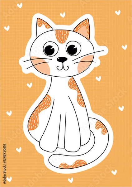 Obraz Illustration of a cute cat on a yellow background with hearts, can be used as a print for clothes, dishes, notebooks and other accessories