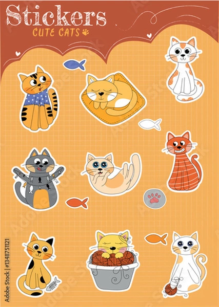 Obraz Cute Cats Sticker Set On Yellow Background Made A Adob Illustrator