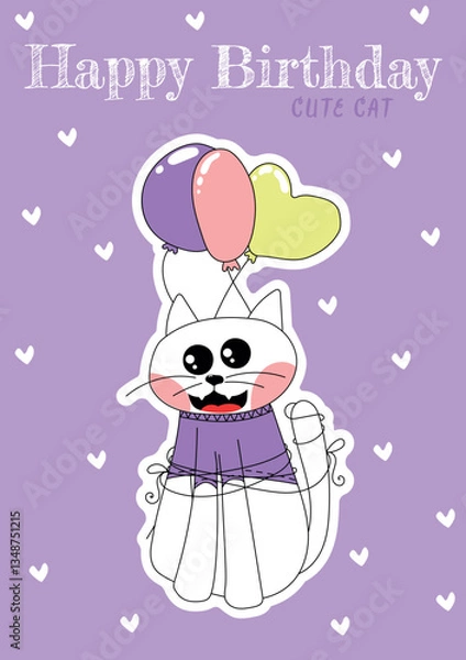 Obraz Illustration of a cute cat with hearts on a pмшщдуе background happy birthday can be used as a card or invitation 