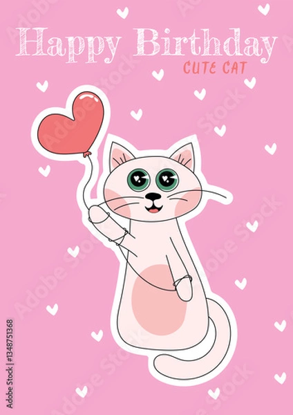 Obraz Illustration of a cute cat with hearts on a pink background happy birthday can be used as a card or invitation 