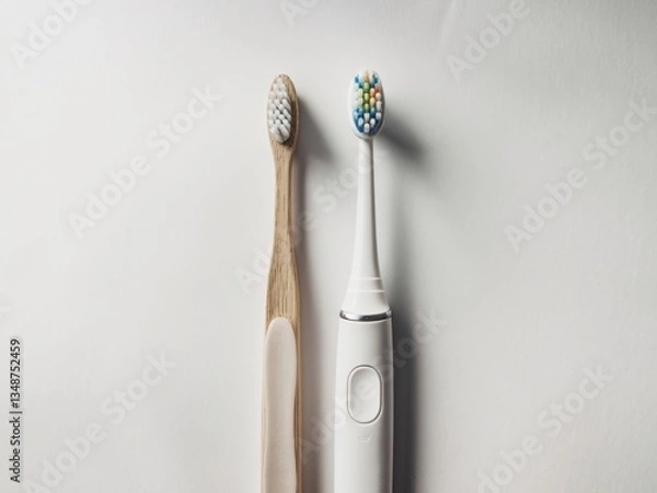 Fototapeta Comparison of manual toothbrush and electric toothbrush showcasing differing designs and cleaning technology
