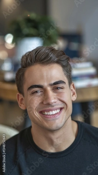 Fototapeta Man with perfect Hollywood smile poses confidently in a cozy indoor setting with warm lighting and natural decor