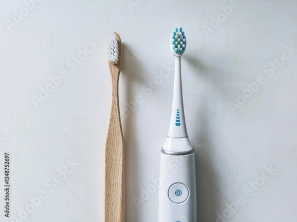 Fototapeta Comparison of a manual toothbrush alongside an electric toothbrush on a light surface