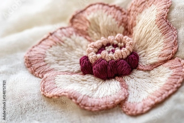 Fototapeta Close-up of delicate pink and burgundy embroidered flower on off-white fabric.