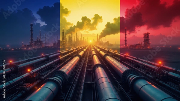 Obraz Oil pipelines leading to a refinery, overlaid with the Romania flag. A concept of energy industry, fuel production, and economic power.