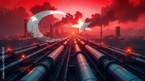 Obraz Oil pipelines leading to a refinery, overlaid with the Turkey flag. A concept of energy industry, fuel production, and economic power.