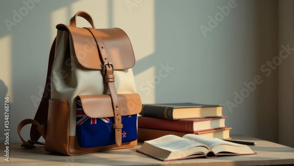 Fototapeta Stylish backpack with an New Zealand flag pocket and open books on a table, illuminated by sunlight. A concept of knowledge, study, and academic excellence.