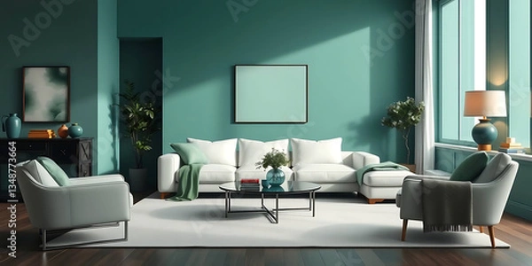 Fototapeta minimalist living room interior mockup, modern furniture and greenly decorative, white sofa and armchair, created by generative ai