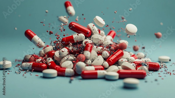 Fototapeta Illustrate a pile of mixed pills with various sizes and shapes, some cracked open, others intact.