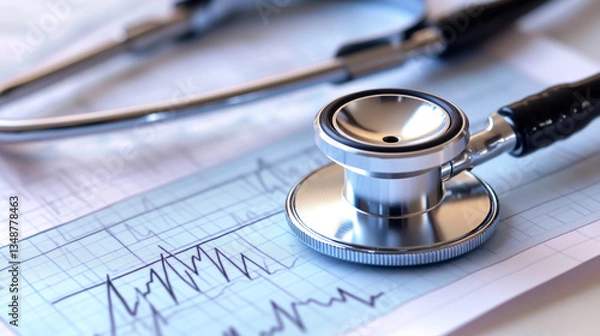 Fototapeta Top-down view of a medical stethoscope with stainless steel and plastic components resting on a paper sheet displaying