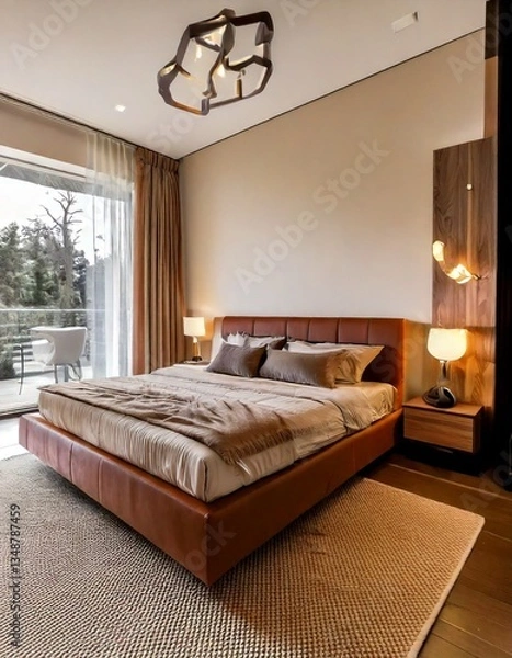 Obraz  A sleek, contemporary bedroom featuring a caramel brown platform bed, a soft beige area rug