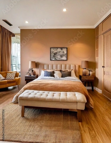 Fototapeta A stylish, contemporary bedroom with warm beige walls, soft tan furniture, and a caramel-toned
