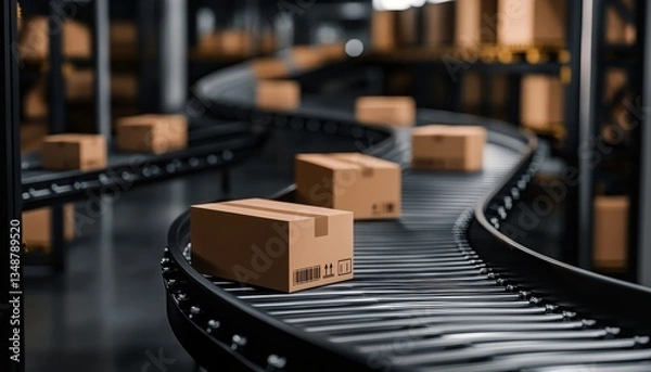 Fototapeta Distribution center warehouse pattern featuring multi-level conveyor systems, stacked cartons, and loading docks filled with delivery trucks