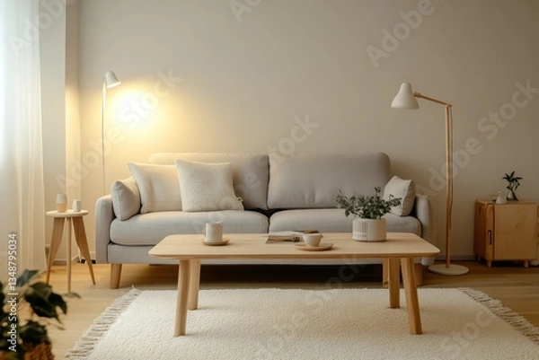 Fototapeta A serene Scandinavian living space with a light gray sofa, a wooden coffee table, a soft white rug, and a