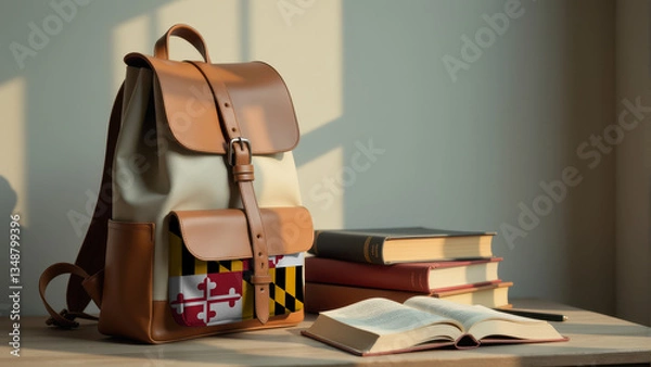 Fototapeta Stylish backpack with an Maryland flag pocket and open books on a table, illuminated by sunlight. A concept of knowledge, study, and academic excellence.