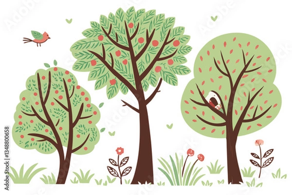 Fototapeta 44 Colorful hand-drawn trees, childlike illustrations, simple shapes, green foliage, brown trunks, various tree types, whimsical forest, crayon texture, playful art style, nature doodles, cartoon tree