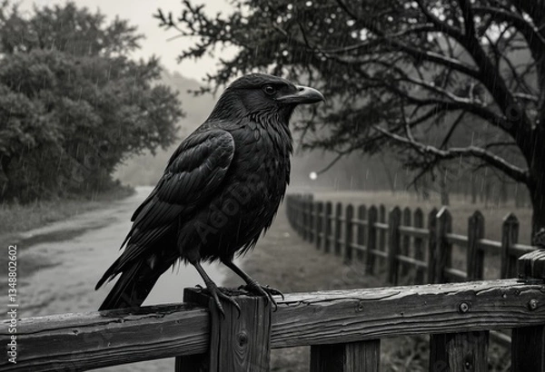 Fototapeta A black crow stands on a wooden fence during a rainy day