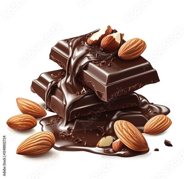 Obraz Rich dark chocolate bars with almonds, melting decadently. A sweet treat for any chocolate lover!