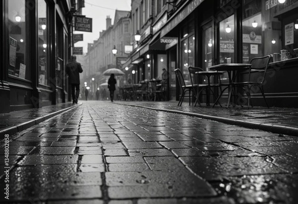 Obraz A lone figure walks down a rain-slicked street lined with darkened shops
