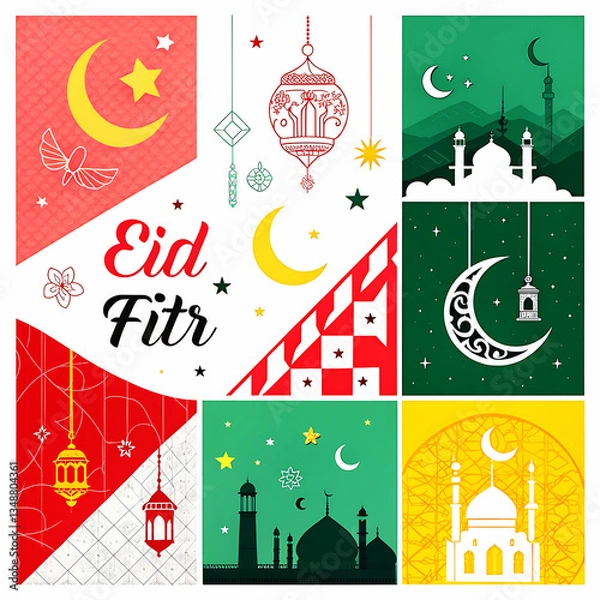 Fototapeta Eid al Fitr mubarak background and Eid Mubarak Ramadan Banner Design with crescent moon, mosque and lanterns and colorful elements.