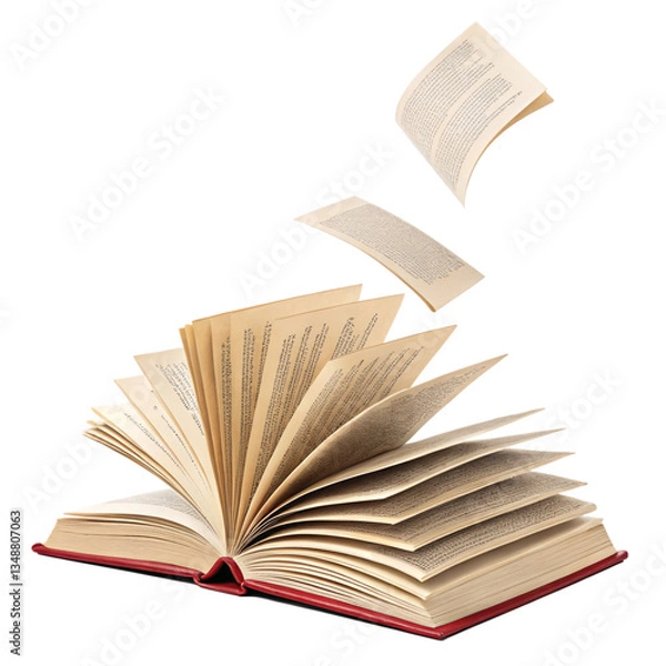 Obraz An open book with red cover and flying pages against  in a studio shot composition transparent background