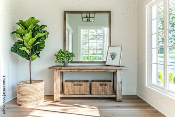 Fototapeta A spacious modern farmhouse entryway with a rustic wood console table, a woven basket for storage, and a large mirror