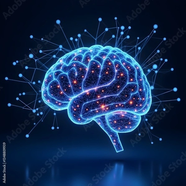 Fototapeta 3D Glowing Blue Brain Neural Network with Electric Impulses, Synapses Firing, and AI Technology Visualization