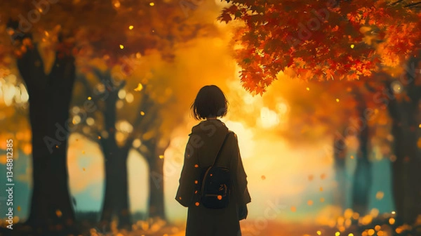 Obraz A Solitary Figure, Silhouetted Against A Breathtaking Autumn Sunset, Finds Peace Amidst Falling Leaves And Golden Light In A Serene Forest Path