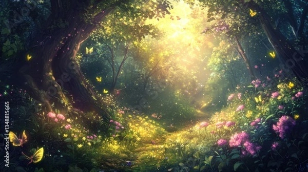 Fototapeta Lush forest with soft sunlight filtering through