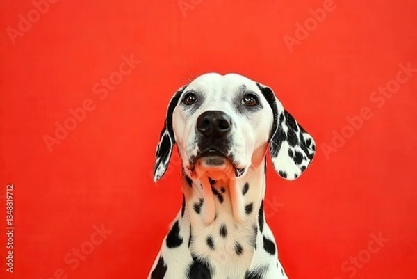 Fototapeta Classic Dalmatian Dog Pose Against Vibrant Red Background