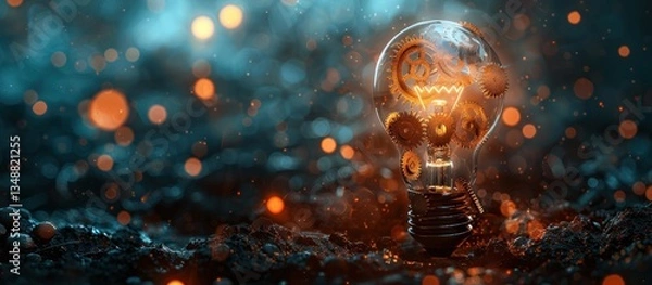 Fototapeta Gears within a glowing lightbulb on dark ground with bokeh