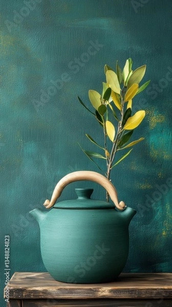 Obraz Elegant pot with greenery on a textured backdrop.