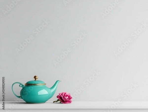 Obraz Elegant teal teapot with a pink flower.