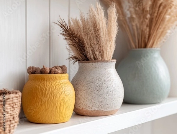 Obraz Elegant vases with dried grasses for decor.