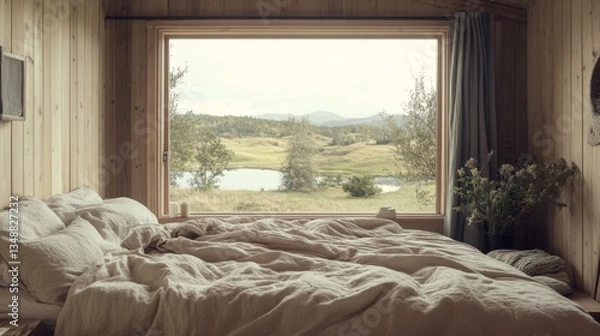 Fototapeta A peaceful Nordic bedroom with natural wood accents, soft bedding, and a large window overlooking a serene landscape, creating a calming retreat.