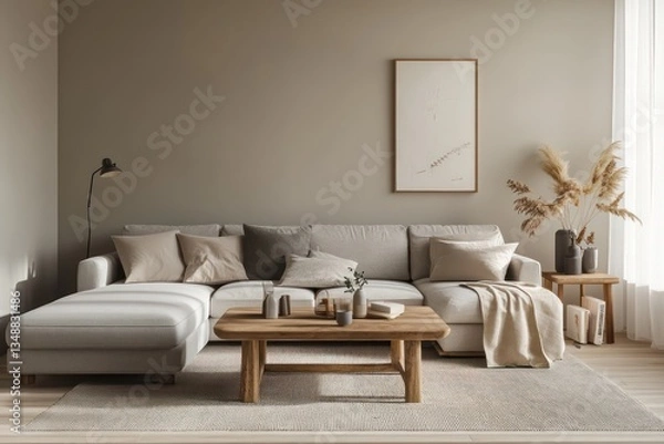 Fototapeta A warm living room with soft neutral walls, a light gray sectional sofa, and a wooden coffee table, accented with