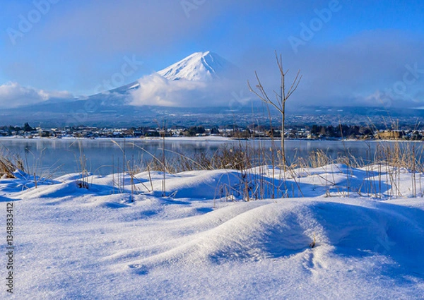 Fototapeta 河口湖から富士山と雪景色