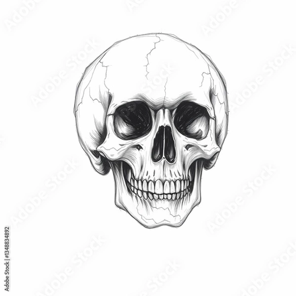 Fototapeta The Anatomy of Mortality: A stark, black and white, hand-drawn illustration of a human skull, offering a glimpse into the intricate architecture of the human form.