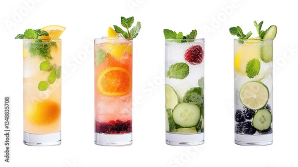 Fototapeta A variety of colorful flavorful non alcoholic infused water and mocktail drinks made with fresh fruits herbs and vegetables for a healthy hydrating summer refreshment