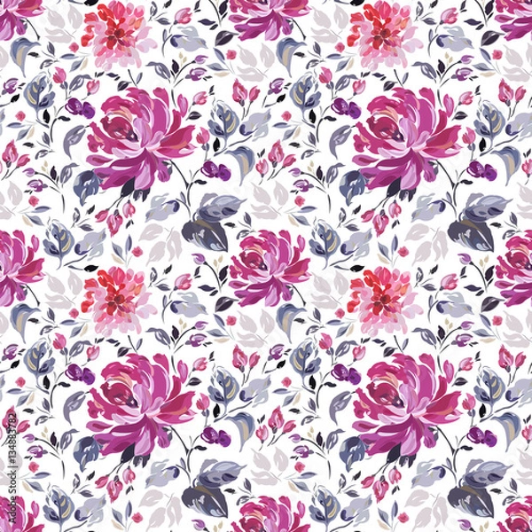 Fototapeta Seamless pattern with summer flowers, buds and leaves.
