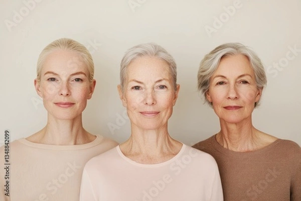 Fototapeta Three elegant senior women with grey hair, displaying confidence and serenity in simple, neutral toned outfits against a soft, light background