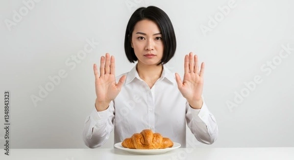 Fototapeta A woman with a serious expression holding her hands up to avoid a croissant.