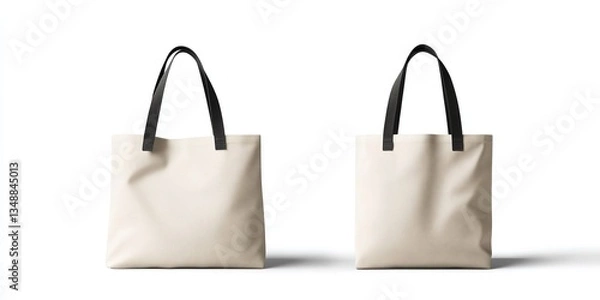 Fototapeta Two beige tote bags with black handles, perfect for shopping or everyday use. Simple and stylish.