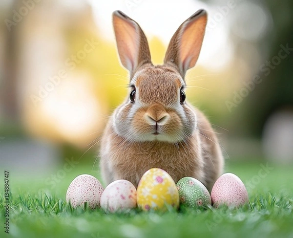 Fototapeta Adorable brown bunny sits in the grass with colorful Easter eggs. Happy Easter!
