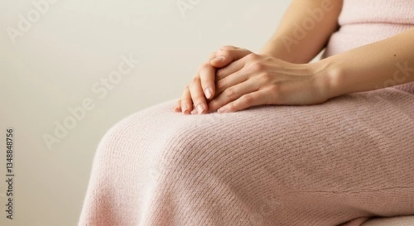 Fototapeta A close-up of a woman sitting with her hands gently resting on her knee, wearing a soft pink skirt. The background is light and neutral, highlighting the smooth fabric.

